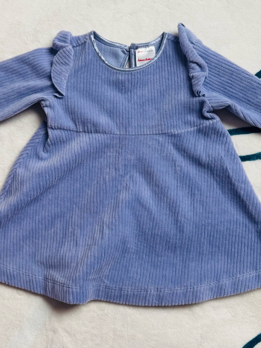 Blue Corduroy Ruffle Shoulder Dress